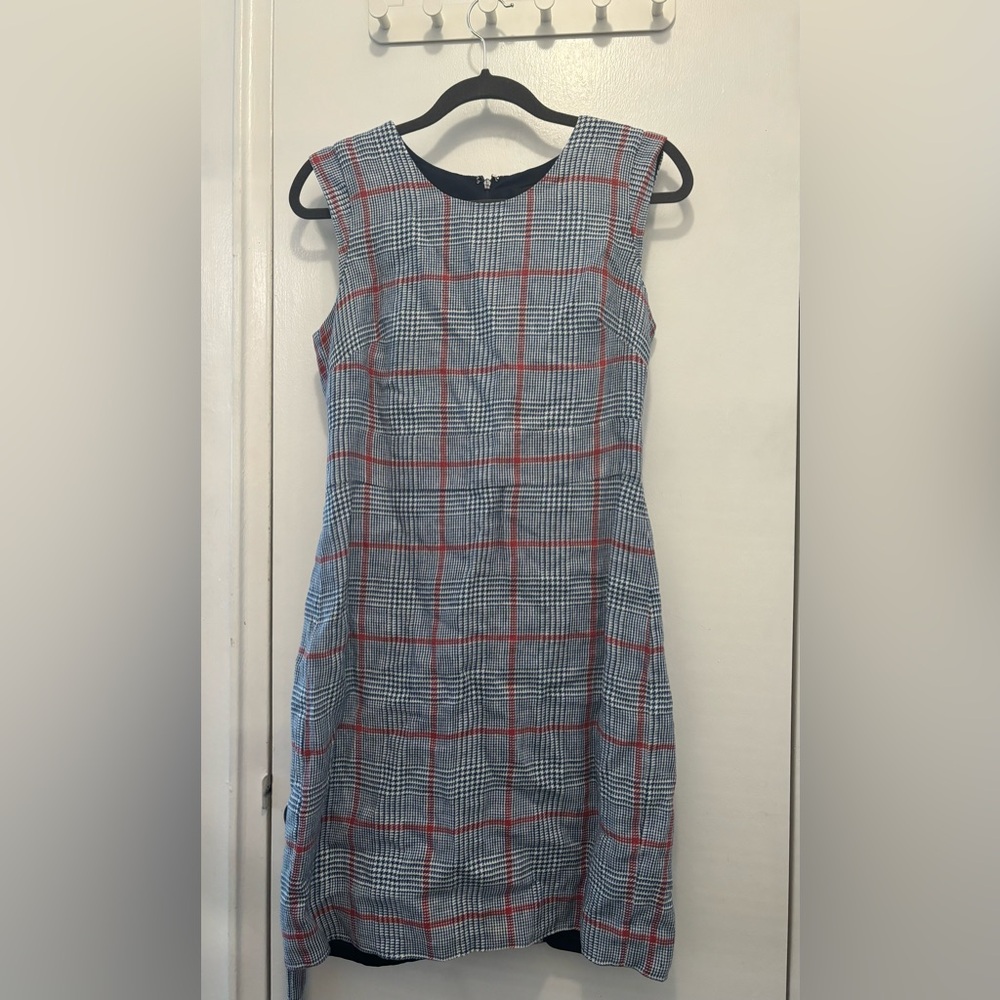 💯 linen J Crew gingham style dress with tie waist zippered back - women’s 6